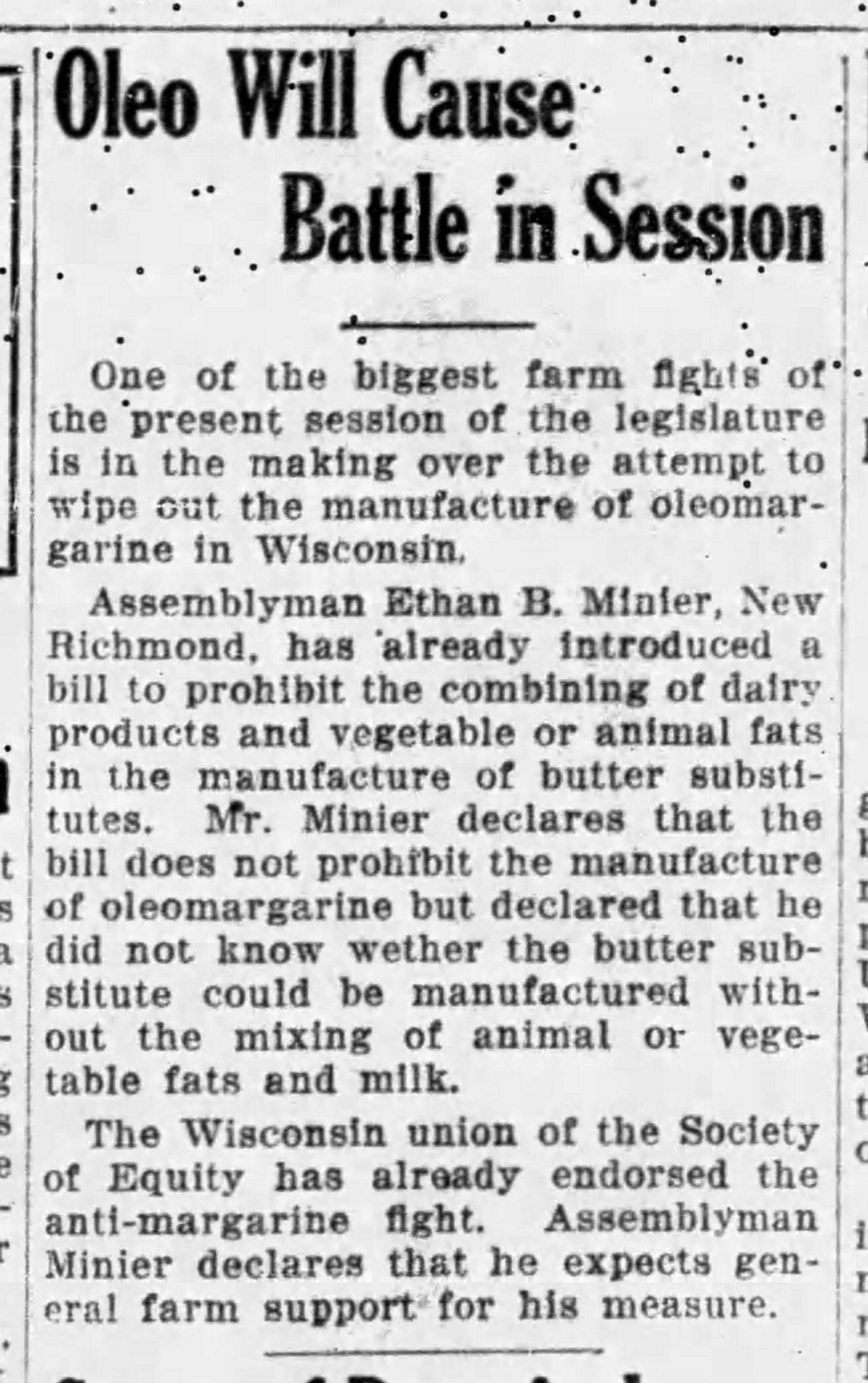 Jan 19, 1925: Oleo Will Cause Battle in Session